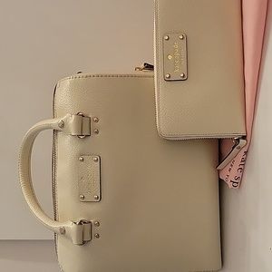 Kate Spade Satchel Handbag beige with matching wallet /dust bag No long strap!